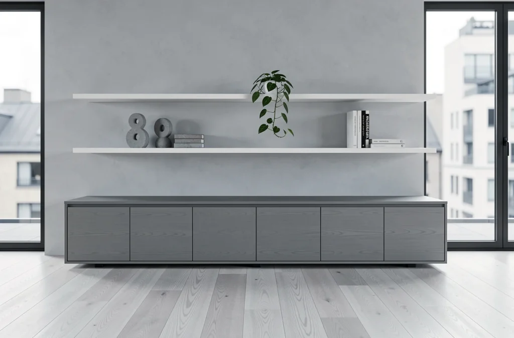 Salon scandinave minimaliste avec étagères blanches flottantes, console grise et parquet chêne clair dans un intérieur épuré