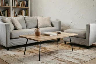 Table basse design en chêne massif et pieds en acier noir dans un salon scandinave épuré