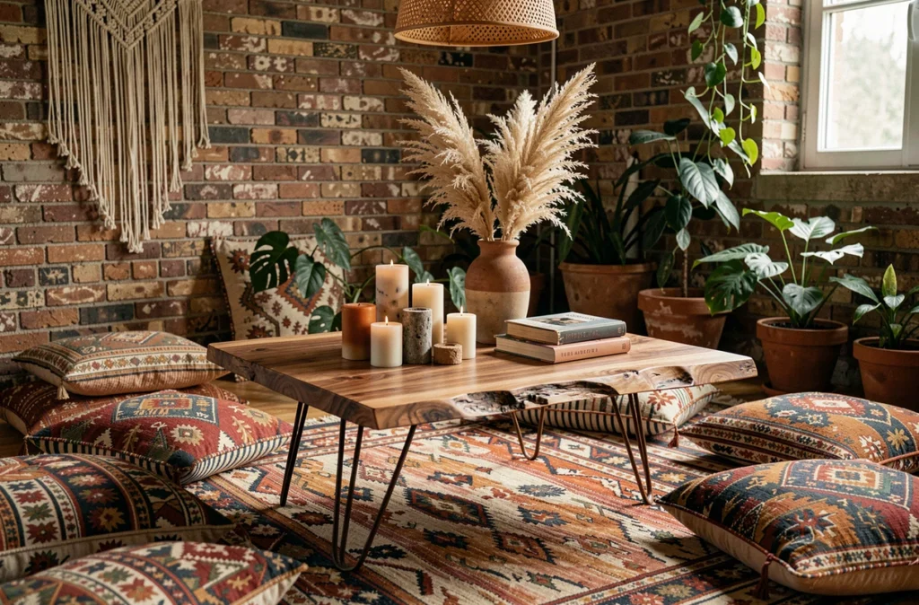 Table basse en noyer massif bord naturel et pieds épingle dans un intérieur bohème éclectique