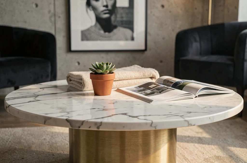 Table basse ronde en marbre blanc de Carrare avec base en laiton brossé dans un appartement contemporain