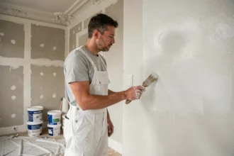 Artisan peintre en train de peindre un mur dans un appartement parisien en cours de rénovation