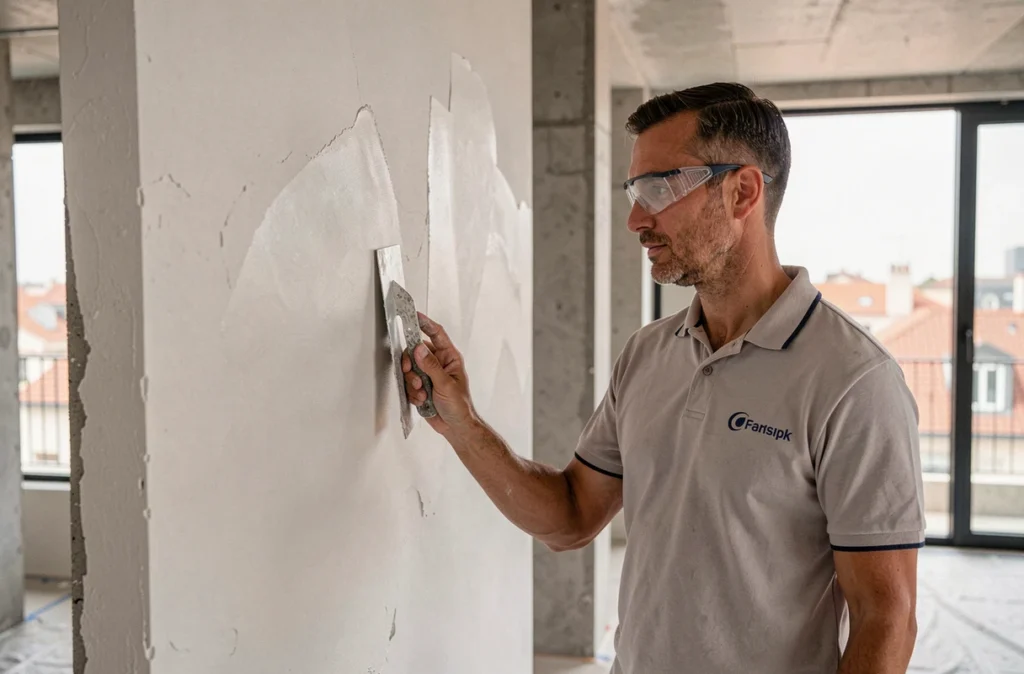Ouvrier en rénovation appliquant de l'enduit sur un mur intérieur à Toulouse, représentant Avenir Rénovations Toulouse