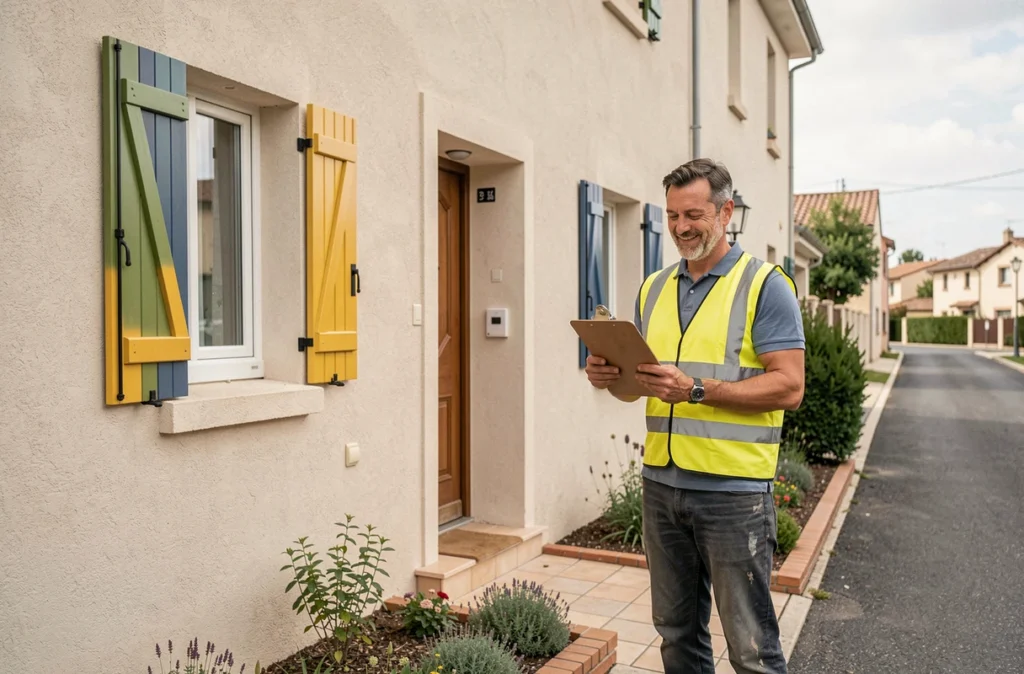 Entrepreneur en bâtiment devant une maison rénovée en périphérie de Toulouse, représentant Bâtir et Rénover 31