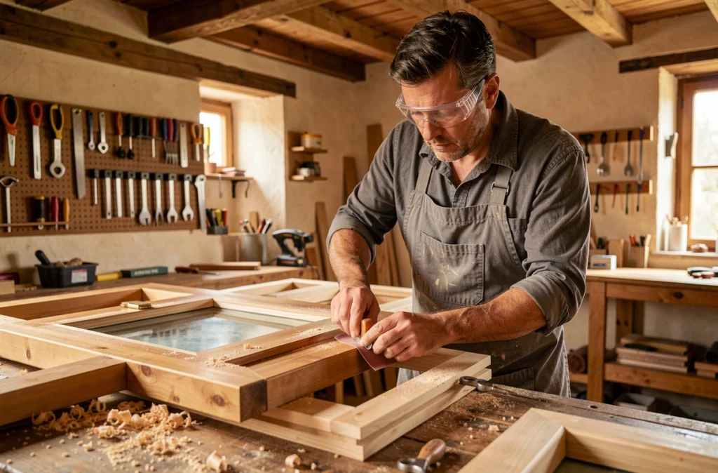 Artisan de Belihainaut travaillant sur un cadre de fenêtre en bois dans son atelier du Valenciennois