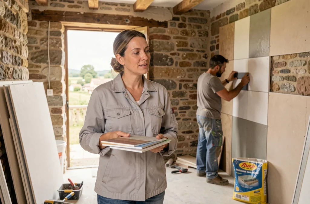 Cheffe de projet rénovation tenant des échantillons de matériaux dans une maison en cours de rénovation à Aussonne, représentant Camille Music Rénovation