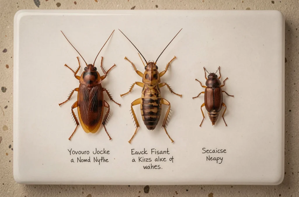 Comparaison visuelle d'insectes juvéniles : nymphe de cafard, jeune grillon et larve de coléoptère côte à côte