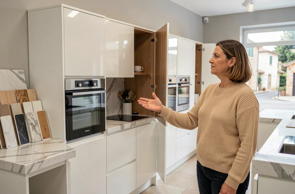 Designer cuisiniste présentant des meubles de cuisine sur mesure dans un showroom à Auterive, représentant Cuisines Auterive