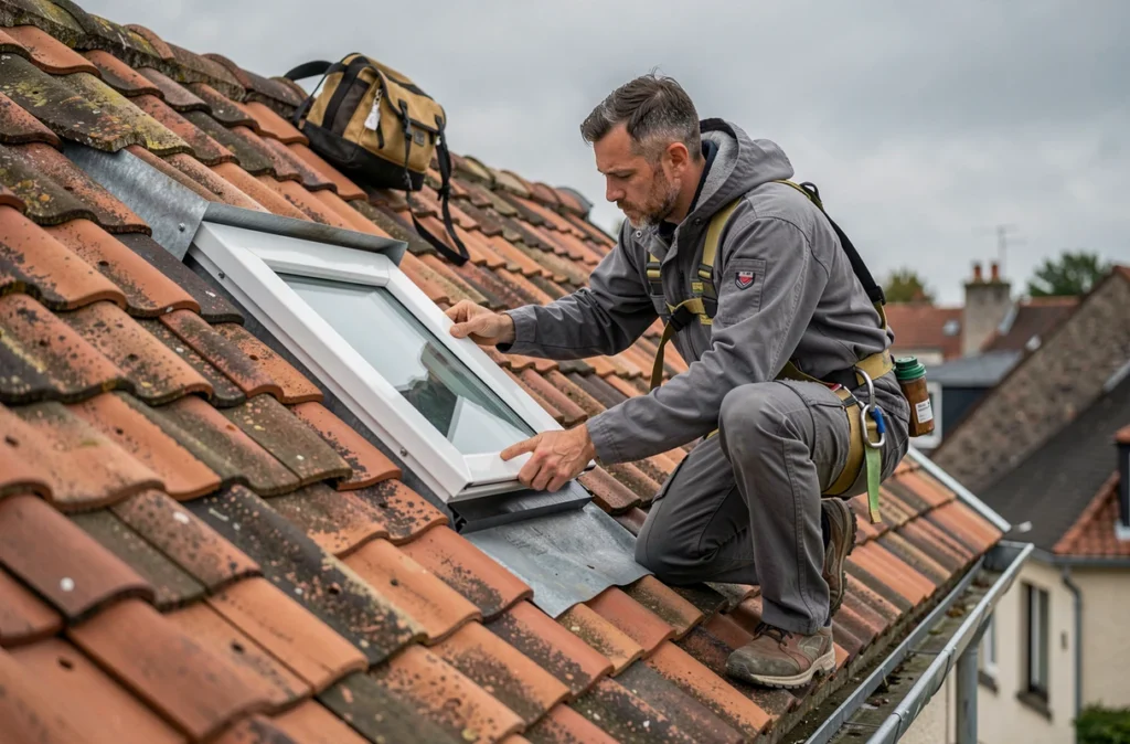 Couvreur de Dimrenov installant une fenêtre de toit sur une maison à pente dans le Nord