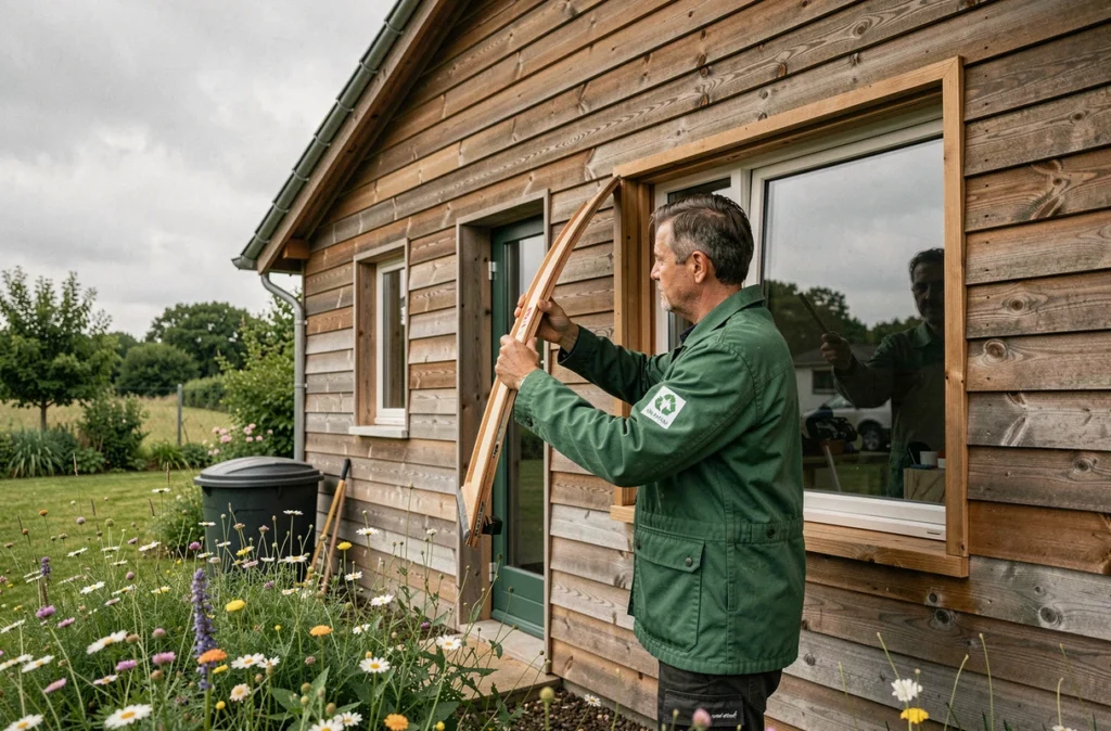 Installateur d'E.E.D. posant une fenêtre en bois écologique sur une maison passive dans le Nord