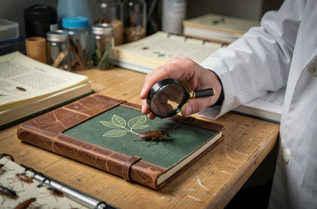 Entomologiste utilisant une loupe pour identifier une nymphe de cafard sur une carte de spécimen en laboratoire