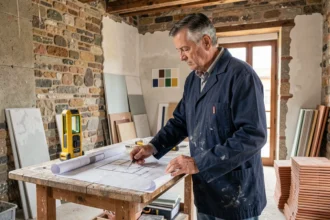 Artisan en rénovation consultant des plans dans une maison toulousaine partiellement rénovée, illustrant le top 10 des entreprises de rénovation en Haute-Garonne