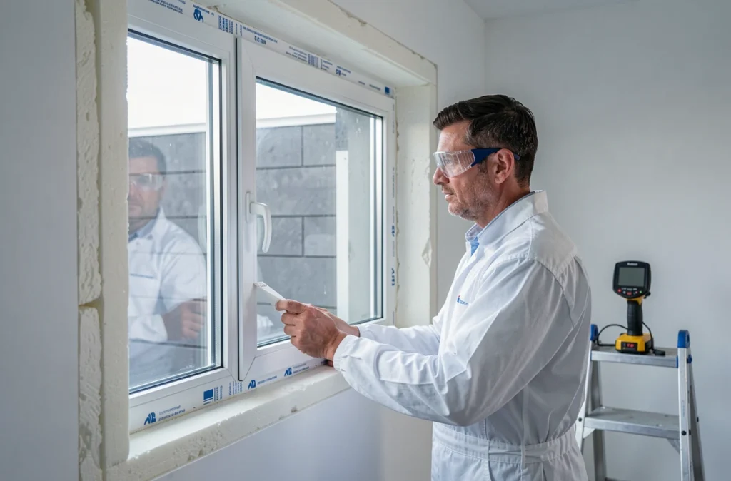 Spécialiste FDI vérifiant l'isolation thermique d'une fenêtre triple vitrage dans une maison performante