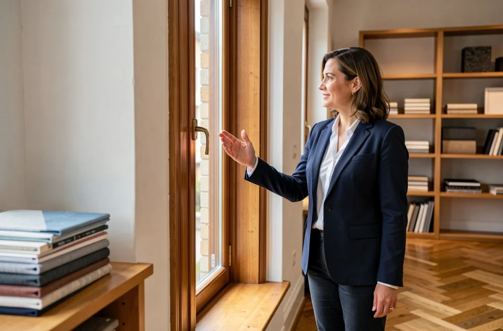 Conseillère de Maison Henri présentant une fenêtre sur mesure en bois dans un showroom de Lille