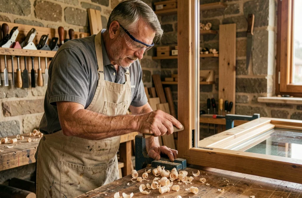 Artisan menuisier de Menuiserie Baroeul finissant à la main un cadre de fenêtre en bois près de Lille