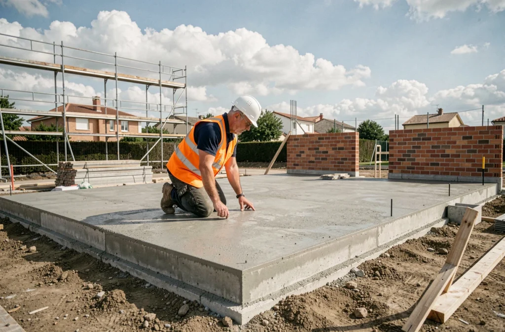 Chef de chantier inspectant une fondation en béton sur un site de construction près de Toulouse, représentant MUSIC Entreprise du Bâtiment