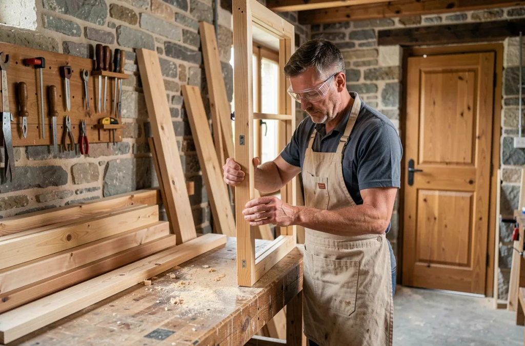 Menuisier ajustant un cadre de fenêtre en bois dans un atelier artisanal près de Montauban, représentant MUSIC Menuiserie