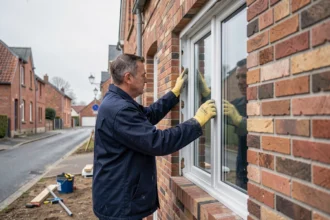 Poseur de fenêtres installant un châssis double vitrage sur une maison en briques dans le Nord de la France