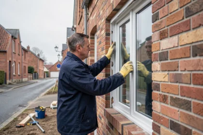 Poseur de fenêtres installant un châssis double vitrage sur une maison en briques dans le Nord de la France