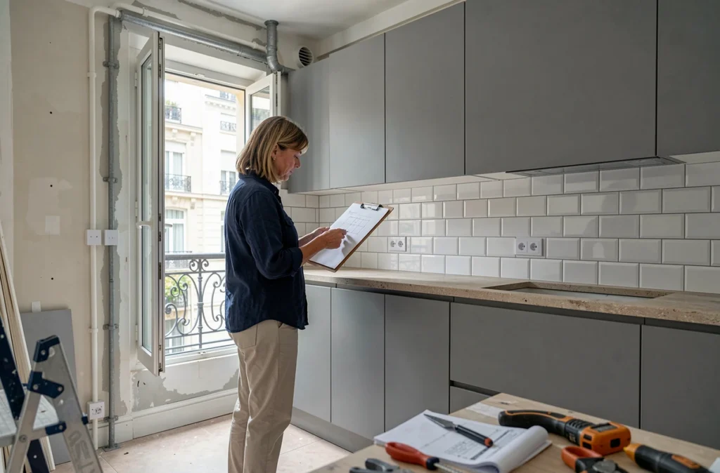 Professionnelle de la rénovation vérifiant les plans dans une cuisine parisienne en cours de travaux