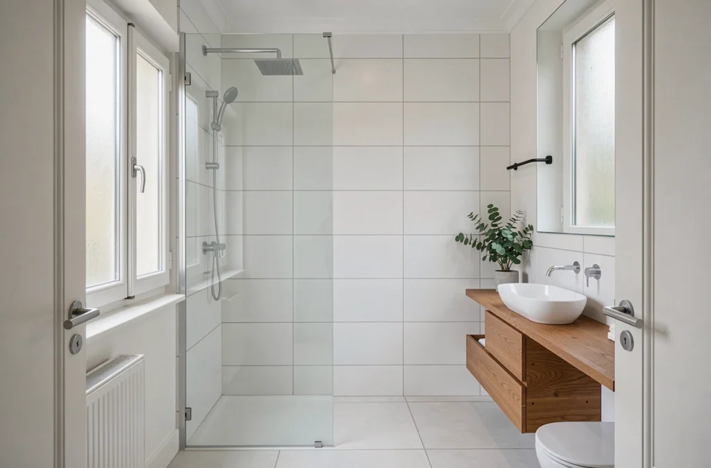 Salle de bains parisienne entièrement rénovée avec douche à l'italienne et meuble vasque en bois flottant
