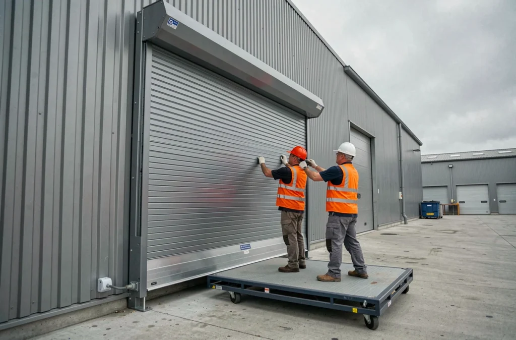 Techniciens de Santicoli installant un rideau métallique industriel sur mesure dans le Nord