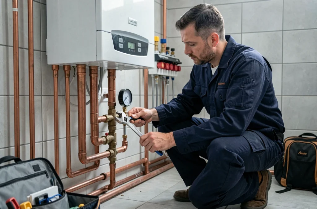 Technicien en chauffage installant une chaudière à condensation dans une buanderie près de Muret, représentant SAS Music Chauffage