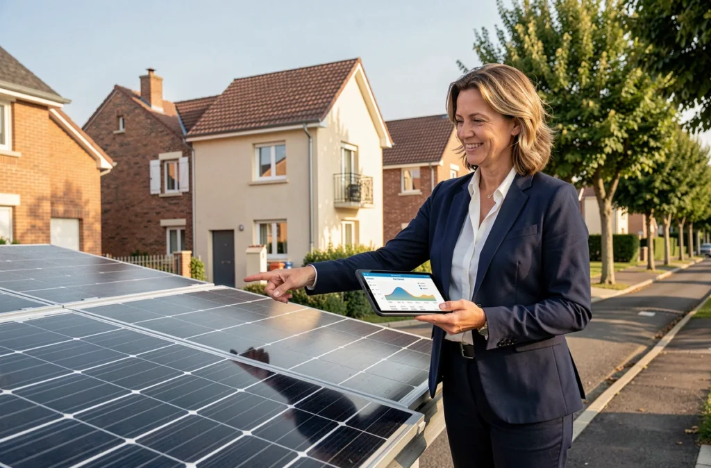 Consultante en énergie pointant des panneaux solaires sur une maison à Cugnaux, représentant SES Énergies