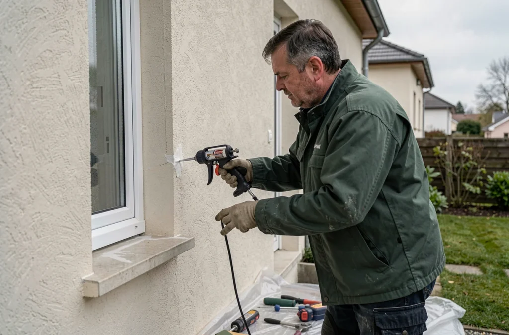 Installateur de Societe Nouvelle Bassez appliquant du mastic sur un cadre de fenêtre PVC dans le Nord
