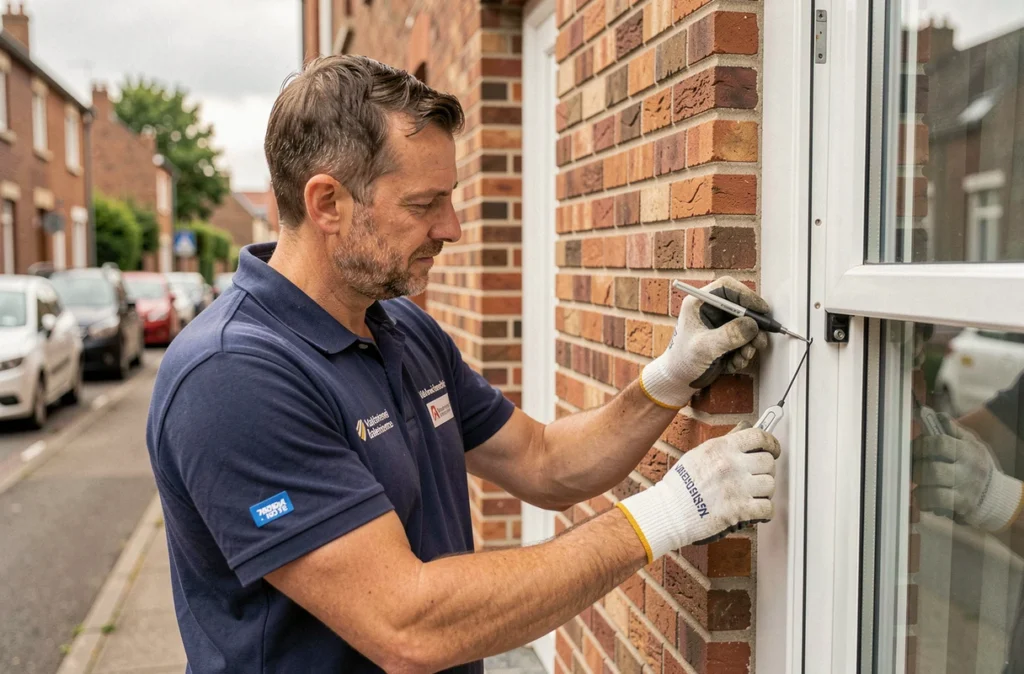 Technicien de Val Menuiserie installant une fenêtre PVC blanche sur une maison à Valenciennes