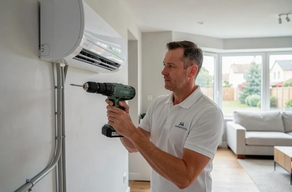 Technicien en climatisation installant un split mural dans une maison en Haute-Garonne, représentant Weclim