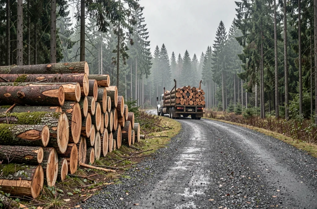 Grumes empilées au bord d'une piste forestière avant chargement