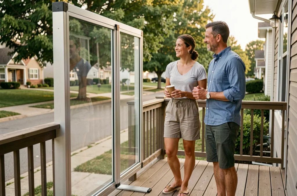 Couple devant une barrière acoustique transparente MURPHONE préservant la vue en zone résidentielle