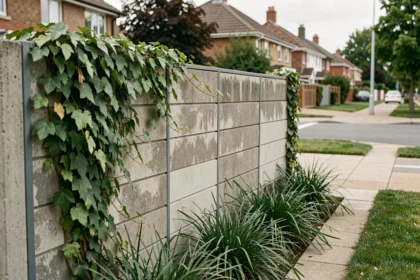 Clôture phonique MURPHONE installée en zone résidentielle avec végétation grimpante préservant la vue sur le jardin