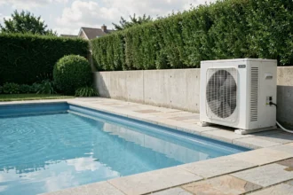 Pompe à chaleur installée à côté d'une piscine extérieure dans un jardin bien entretenu
