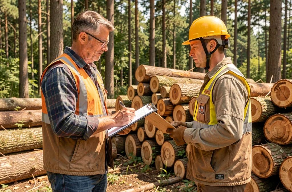 Propriétaire forestier et transporteur examinant un devis près d'un tas de grumes